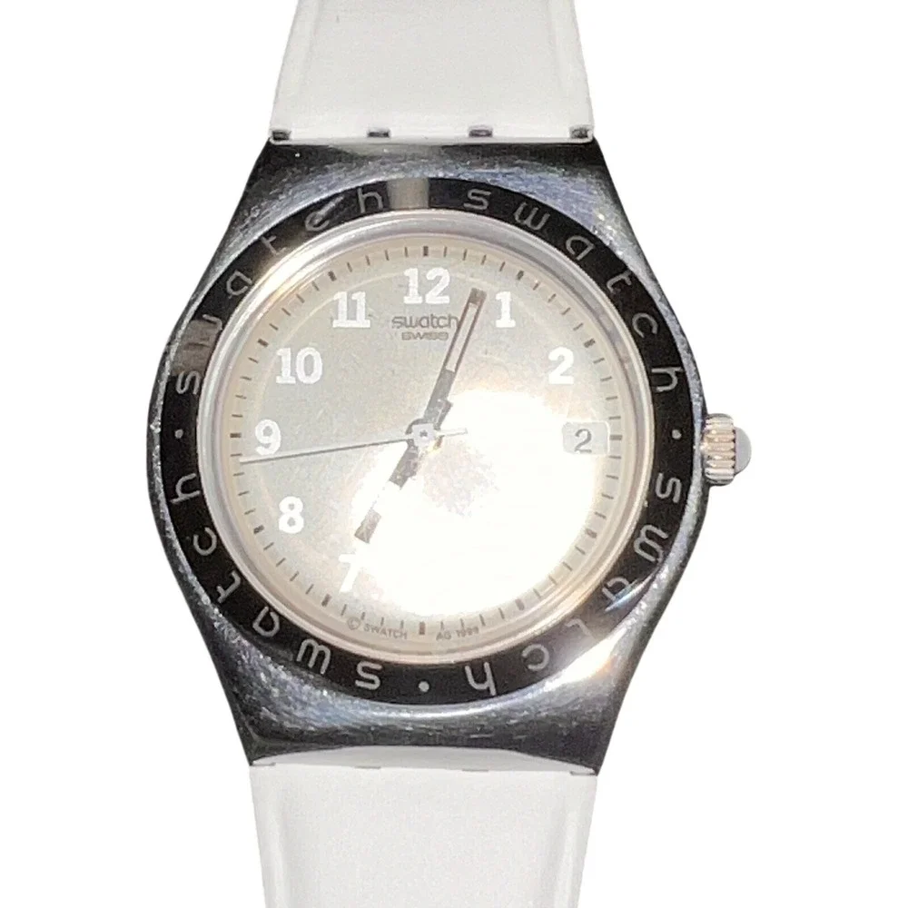 Swatch‎ Irony Stainless Steel Watch White Leather Strap Silver Dial Swiss Made